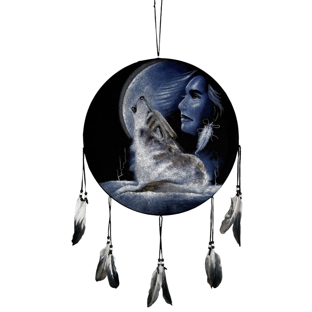 Howling Wolf Moon 16" Velvet Dreamcatcher Wall Hanging Blue Feathers Southwest - Picture 7 of 9